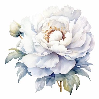 Watercolor beautiful white rich peony clipart on a white background in the style of feminine sticker art, Tanya Shatseva, storybook illustration, pure white and subtle gray shades, Georgia O'Keeffe, flower and nature motifs, colored line art, colored outlines, cottagecore design, watercolor on white background, ombre, neutral tones, colored line art, colored outlines, iridescent ombre, gradient shading, symbol of purity and innocence, vibrant digital art oil paint photorealism, an illustration o