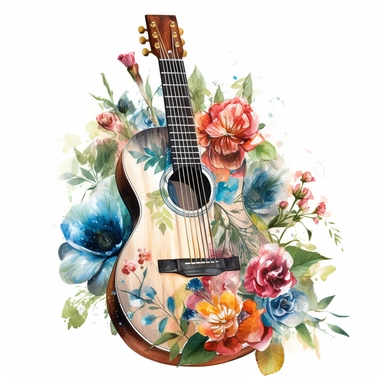 complex watercolor illustration of floral acoustic guitar in beautiful flowers professional hyperrealism,concept,art,8k,hd,watercolor,detailed,white backround,clipart