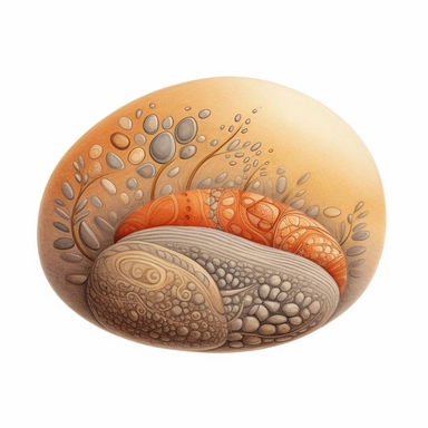 Watercolored pencil style illustration, a desert pebble with natural decorations, brown orange beige grey, isolated on a white background, PNG file clipart style, Dennis Wojtkiewicz, Amanda Clark, Lowell Herrero,