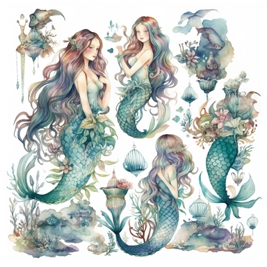 Transport yourself to a magical world beneath the waves with your stunning mermaid watercolor clipart set. Imagine the graceful movements of mermaids as they swim through the crystal-clear water, their long, flowing hair trailing behind them in the currents. Each mermaid should be illustrated in exquisite detail, with intricate watercolors that capture the iridescent scales of their tails and the delicate features of their faces. Your clipart set should include a variety of mermaids, each with t