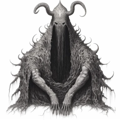 an intricate full-body ink drawing of a scary human demon with no face, pencil shading, black and white, white background, clipart