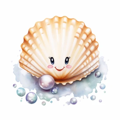 cute Shell with Pearl, funny ,with face , watercolor, watersplash, White Background, Clipart*