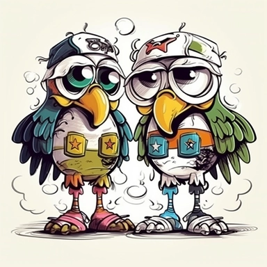 Funny colorful cartoon two eagles air battles like a pompon clipart with big beautiful eyes and long beautiful legs, distinct fine details, watercolor technique, black contour lines