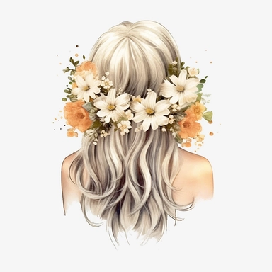 watercolour beautiful blonde wig no person or body just hair wig realistic elegant wedding hairstyle with white glitter wedding flowers in hair back facing ,build a family style clip art illustrated clip art graphics , PNG image,transparent background ,ultra highly detailed, 18k, sharp focus, bright photo with vibrant colours, digitally enhanced,photographic, enhanced graphics, png format, straight, sharp focus, bright lighting, intricate detailed png image ,high definition,300dpi,graphic clipar