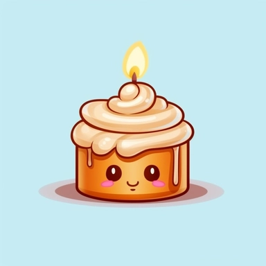 a cute cinnamon roll and white icing dripping down it sides, kawaii style with a candle wick on top. Make it super cute, vibrant colors. Make it into cliparts and vectors.