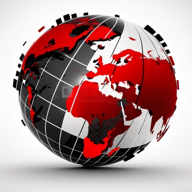 clipart in black white red with continents on globe, digitalization, information technology