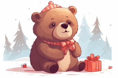 Cute Grizzly bear in christmas Day clipart, cartoon, white background,