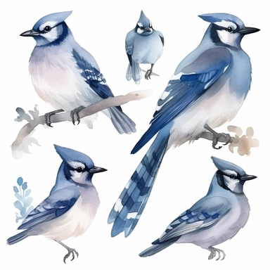 blue Jay bird, clipart set, watercolor style, minimalist, isolated white background, 8k