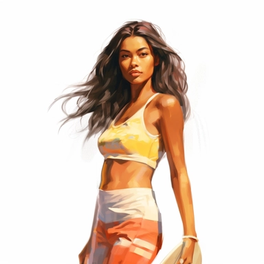 beautiful stunning pretty young surfer hawaiian woman , paint art style, clipart, white background, superrealistic, one of a kind