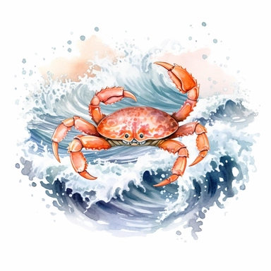 Watercolor hand-drawn crab illustration - jumping up from the foamy ocean wave, playful, happy mammal. Character, logo, children wallpaper, doodle, cartoon. Marine clip art. Ocean, sea inhabitant. White Background