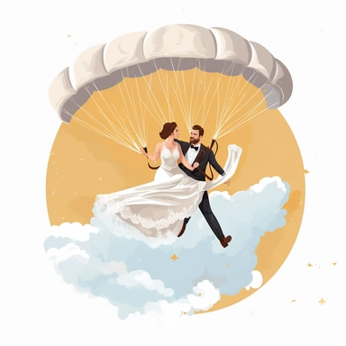 clipart of a couple skydiving in wedding clothes with a big parachute above them