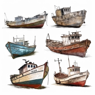 vector, beached old boats collection page, clip art, artistic, very detailed, photo realistic, white background