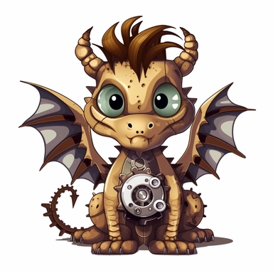 friendly dragon with cute eyes, in the style of steampunk, clipart, white background, lots of cogs,