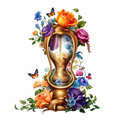 Clipart, A charming hourglass nestled amidst flowers, isolated on a white background with a wide margin