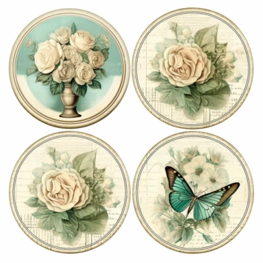 vintage labels with ivory roses and butterfly light aqua clipart with white background