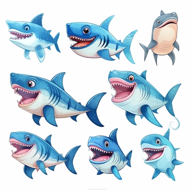set of baby shark clipart illustration, for kids book, white background, HD, Color, Illustration