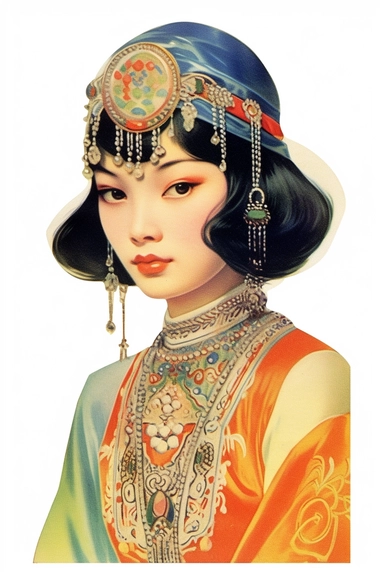 Vintage 1920 Asian woman along with a striking silver nose ring Illustration , Chromolithograph, Die Cut, 1920s Illustration, Vintage, Chromolithograph, Colorful, Antique, Ephemera, Clipart, 8k, Isolated on white