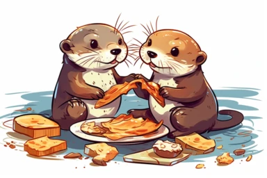 Illustrate an adorable anime-style vector clipart of otters sharing a delicious meal of fish, with their paws holding the food and their eyes filled with satisfaction. Viewed from a content perspective, HD, spaced out, on white background