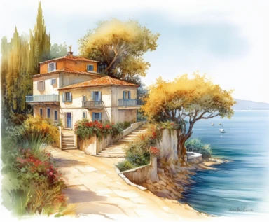 isolated on white illustration watercolor art of a elegant part of the sea embankment with small white houses and blooming trees with summer flowers, seaside, blue door, summer, Ionian architecture, masterpiece by Guido Borelli da Caluso style and by Vladimir Kush style and by Myles Birket Foster style, PNG clipart, isolated on white, extreme photorealistic details, 32k HD resolution, realistic high detailization high resolution