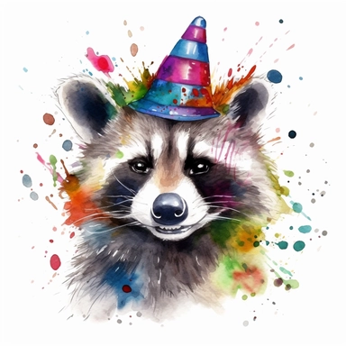 please create watercolor clipart of a raccoon smiling, wearing party PAINT AND PARTY POPPERS, colorful, WHITE BACKGROUND