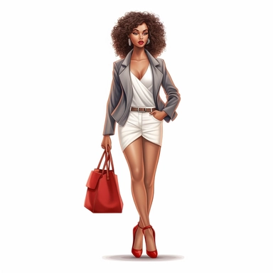 realistic illustration of Fashion-forward African American woman: Illustrate a clipart of a stylish African American woman wearing fashionable clothing and accessories. Showcase her confidence and individuality through her outfit and pose. clipart, isolated on white background, 4K