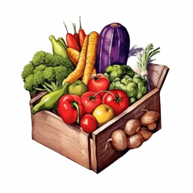 watercolor a box full of vegetables with carrots, broccoli, tomatoes and beets, in the style of watercolorist, human-canvas integration, rtx on, oshare kei, installation-based, eye-catching, warmcore Clipart desert cartoon t-shirt graphic, vector, contour, isolated on a white background