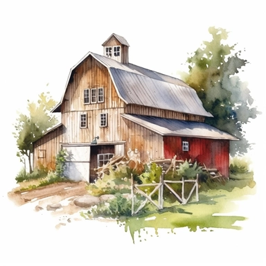 farm barn, a building made of typical American white wood, lots of plants, trees behind the building, watercolor, clipart, realistic