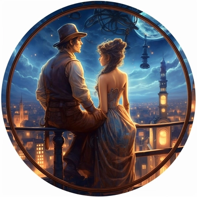 photo on the back in steampunk elegant frame, Steampunk lovers gazing at the stars from a rooftop terrace, the night sky adorned with mechanical constellations, their faces and expressions filled with awe and wonder, every detail brought to life in ultra high quality, Unreal Engine cinematic smooth, hyper-realistic, retro-futurism, watercolor clipart, white background