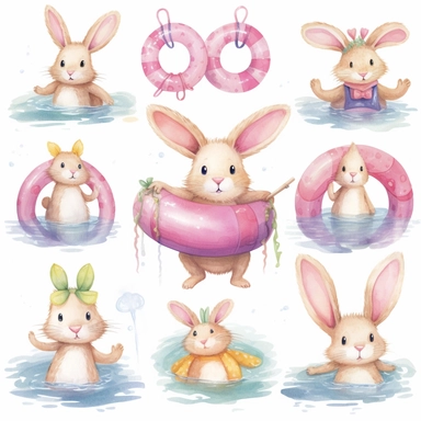 vectorized clipart set of multiple posses on white background, a fluffy cartoon rabbit lays in a pink inflatable ring with arms behind head, wearing a swimming trunks, playful, happy, n the style of dreamy watercolor scenes, water drops, hyperrealistic wildlife portraits, joyous figurative art, fairy tale illustrations, monumental, pastel color scheme, childlike innocence and charm, over head angle,