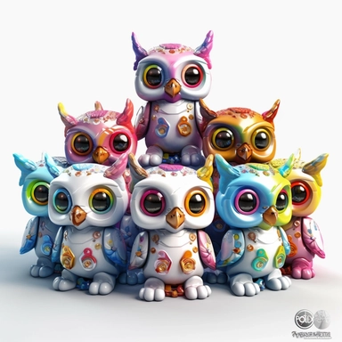 Kawaii owl, wallpaper owl, gods art, aion, jewelry, A team of 6 supportive, curious, nerdy computer cats and robots, clipart by Sarah Anderson, pure white background