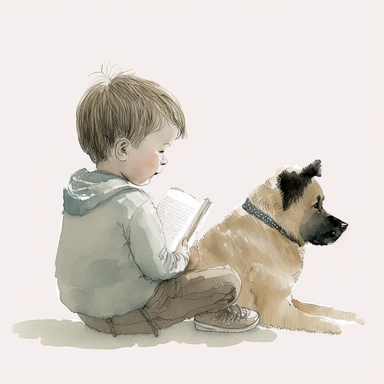 a dog sitting next to a toddler boy reading a book, watercolor and ink drawing, clipart, happy, gentle smile, beautiful watercolor ink wash coloring, thick pencil lines, Jon klassen, Adrian tomine, popular on etsy, watercolor illustrations clipart, watercolor illlustrations for kids and children, book illustrations, plain white background