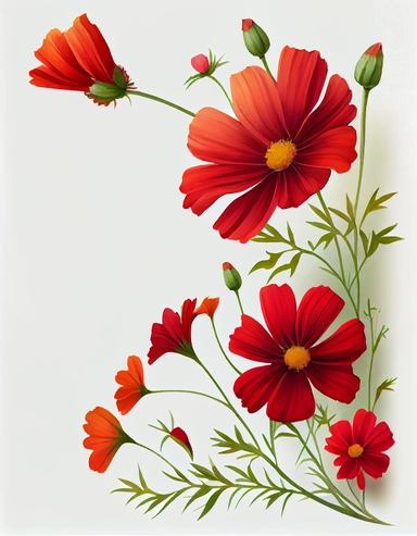 detailed vibrant watercolor red cosmos side corner border , isolated on white background, realistic, clipart
