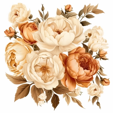 Brown to cream roses peonies in the style of Rachel Ann Austin, clipart set, white background, 8K, I can't believe how beautiful this is,