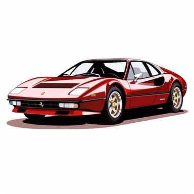 in clipart style, vector image, A meticulously crafted illustration of a red 1975 Ferrari 308 GTB , highlighting its iconic design and graceful contours, placed against pure white background (style: evoking the accuracy and refinement of classic automobile blueprints) (lighting: (colors: an elegant palette for the car's body set against a pristine, white backdrop) (composition: captured from a side view or three-quarter angle using a 35mm lense ensuring enough space is between the car and pictur