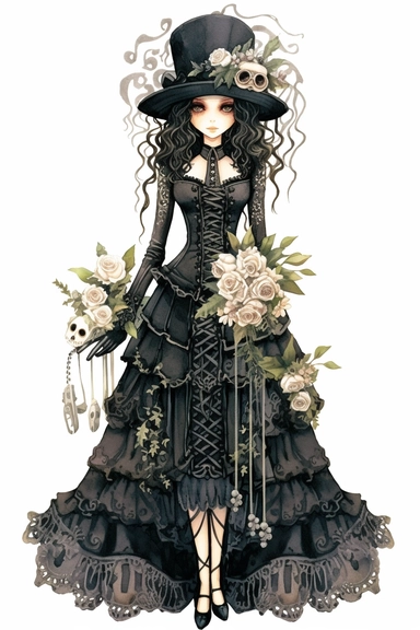 watercolor mixed media goth steampunk bride girl entire body and bridesmaids in goth steampunk wedding decor illustration clipart by holly hobbie