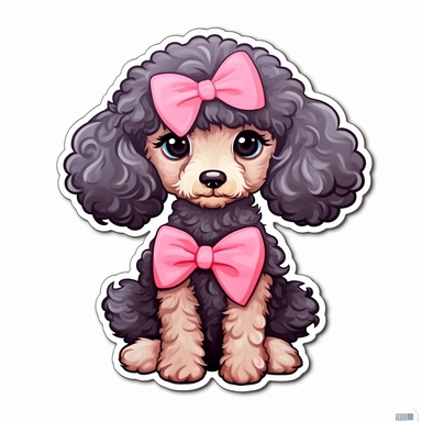 full body poodle dog sticker with bow on head, modern style animated, white background, cute eyes, die cut sticker, no image noise, clipart, no hyper detailed lettering, maximum detail-8k