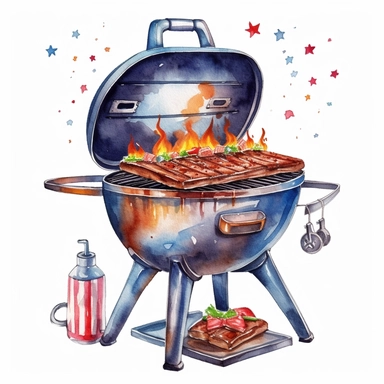 Cute Beautiful Patriot Barbecue Grill For 4th Of July Watercolor Sublimation Clipart,Cartoon, hyper realistic, intricate detail, illustration style,high solution,on the white background