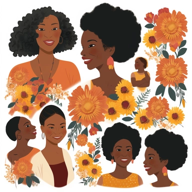 animated clipart bundle african american mother concepts, clipart bundle with beautiful flowers, beautiful faces, beautiful eyes and differential body types and skin tones, harlem Renaissance, Mother's Day White background