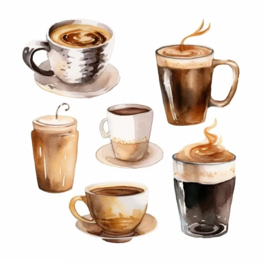 Clipart de bebida de café de acuarela. Ilustraciones de taza de café. Logotipo de café con el logotipo de café clip art imprimible. Cafetería clipart de bebidas capuchino