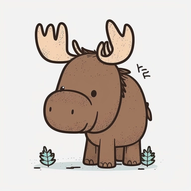 a cute and whimsical moose, cartoon character, clipart, simple lineart in color, charming, 2D, white background