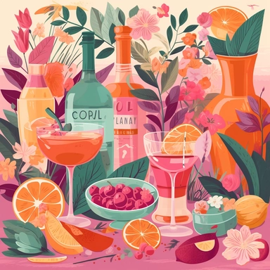isoluated clipart illustrations combining vibrant and pastel colour palettes to evoke feelings of joy, innocence, and enthusiasm. Pastel tones, pinks, and purples dominate the palette, creating a harmonious and comforting visual experience, focuses on summer fruits and cocktails in a garden of flowers in the style of óscar domínguez on isolated white background