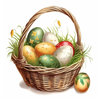 a clipart should feature an white Easter basket filled with golden eggs The white basket could be decorated with diamonds or Gold accessories , and there could be some grass or flowers around it. The treats could be arranged in a neat and colorful display, with some items spilling out of the basket to make it look more inviting.
