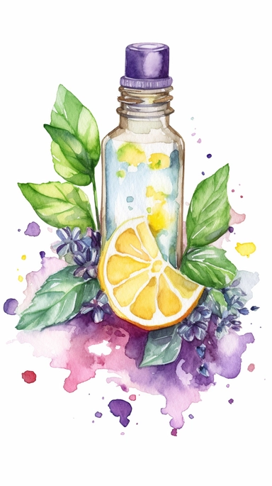watercolor clipart of lavender, lemon and peppermint, coming out of a 15ml essential oil bottle, hd, on white background, spaced out