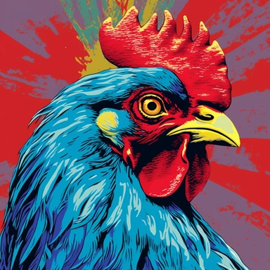 Rhode Island Red hen in the style of Andy Warhol's pop art as a clipart image. Each hen should be in a bold and vibrant color, focusing on the bird's rich red plumage