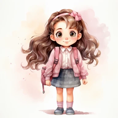 Back to school Watercolor Clipart, A cute happy school girl with backpack, full body, pink themed , single object, highly detailed, hand drawn watercolor illustration ,png transparent background, white background for removing background - - no text shadow font watermark