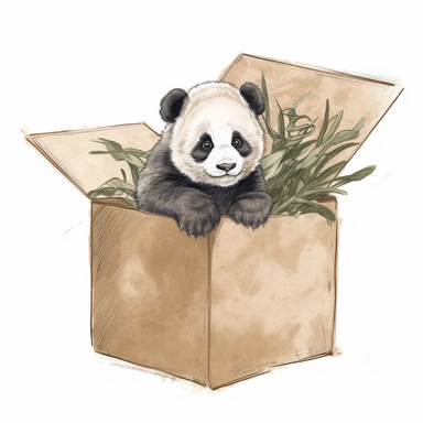 Create a watercolor illustration clipart of a playful cute Baby Panda Hiding in a box, with its full body visible. Use soft, flowing brushstrokes and a warm, inviting color palette to create an image that is both charming and whimsical. Incorporate intricate details like the motion of Baby Panda Hiding in a box to create a lifelike, realistic image. Can add other elements to the illustration like related item to play to create playful scene. Use white background to allow the watercolor textures 