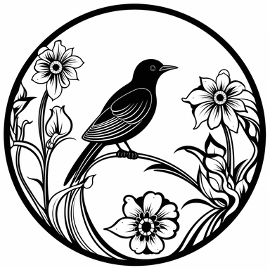 Left aligned, bottom aligned, quarter of a circle, art nouveau style, black lines, detailed, flat design, flat flowers and bird, white background, clipart style, black and white,