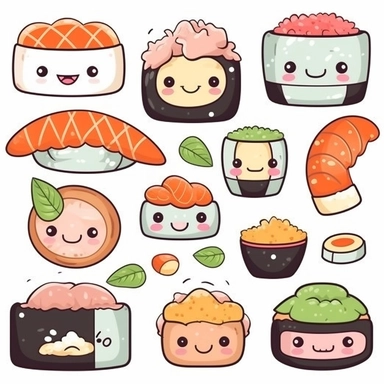realistic asain kawaii food, digital stamps vector Kawaii Sushi clipart set, Cute sushi clip art, Salmon nigiri, Onigiri, Maki, Ramen, Noodles, Sushi rolls, Japanese food cliparts, Printable Planner stickers, Vector graphics, line art, black and white