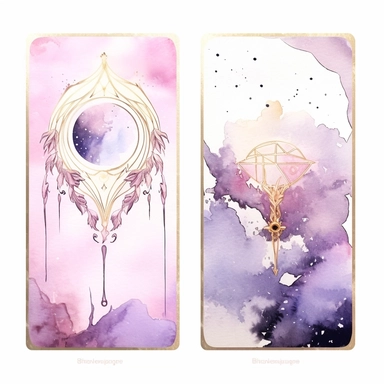 Tarot Cards, in the style of watercolor illustrations, pink and gold, soft lilac, magical and mystical, galaxy elements, modern minimal watercolor, on white background, clipart
