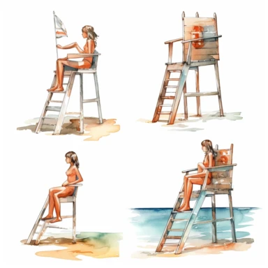 watercolor beach lifeguard on highchair with binocolurs in hand looking in the ocean , illustrations clipart set, simple, , cartoon elements ,different variants , separate elements with a margin, wooden and plastic elements elemets ,4k, high resolution